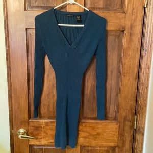 Size small- teal blue, fitted sweater dress.